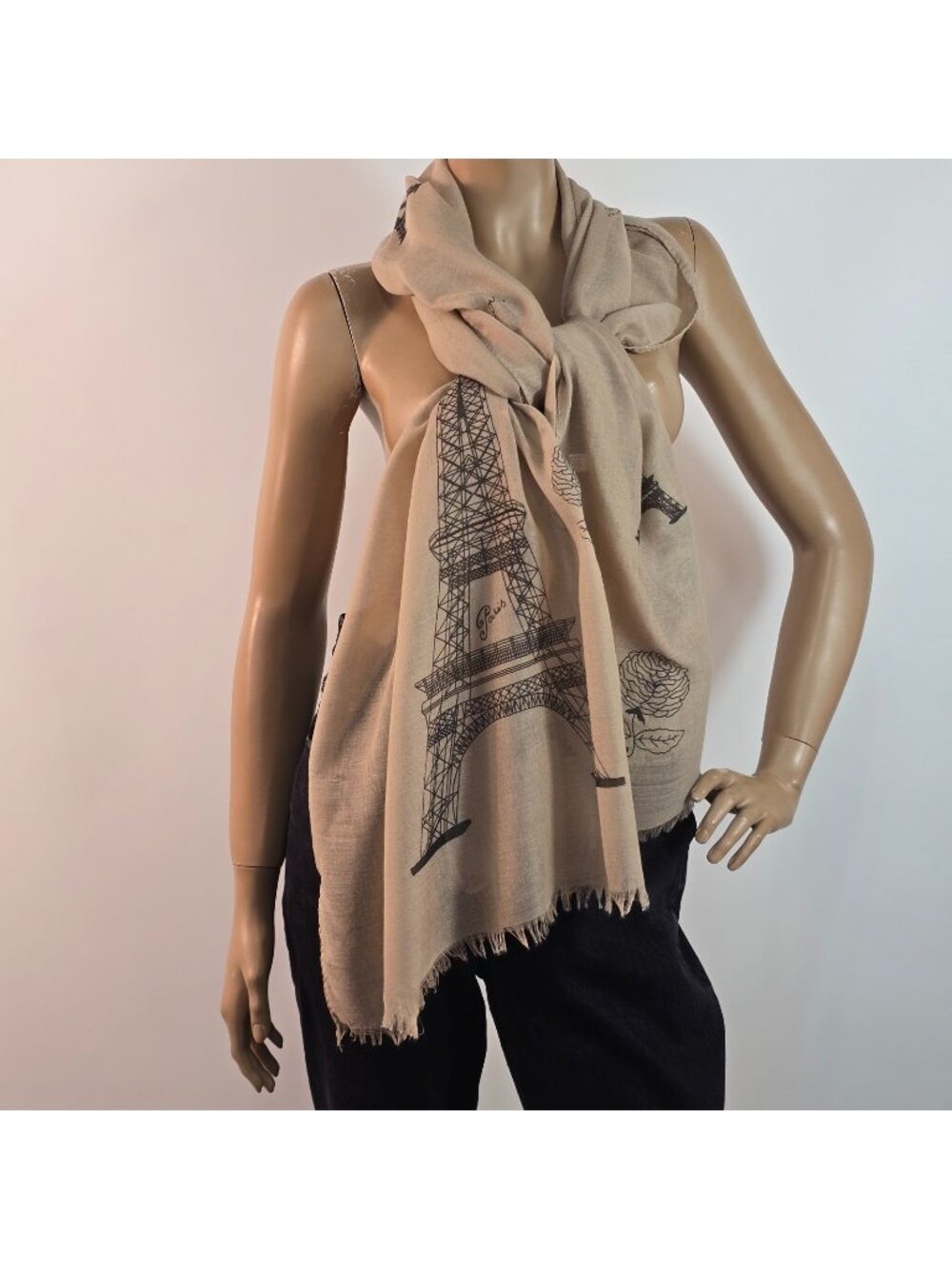Paris Landmarks Eiffel Tower Shawl Wrap Lightweight Beige Scarf Fringe 27 x 72